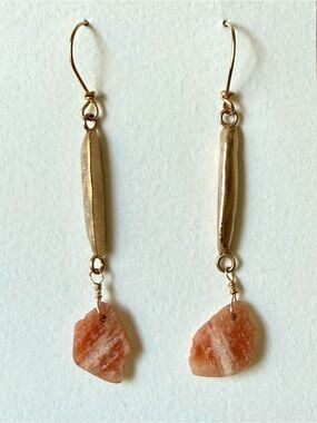 Gold-Tone Drop Earrings with Pink Peach Sunstone Slices